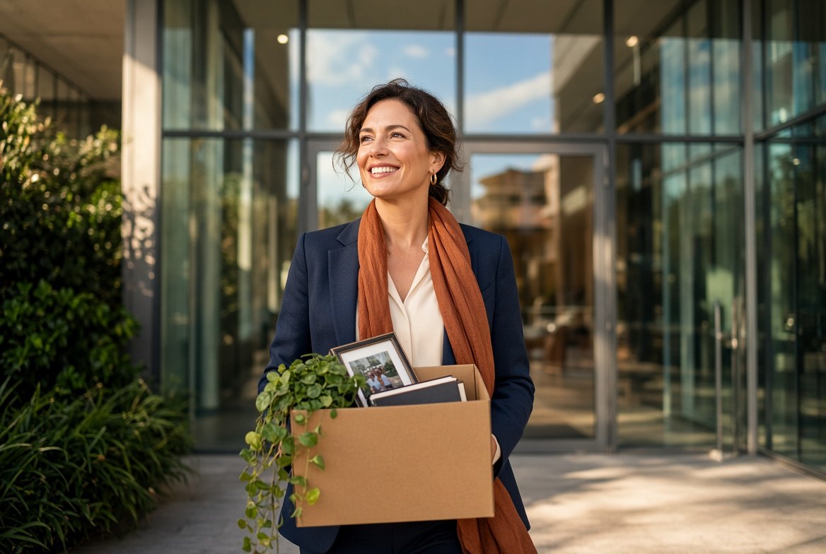 A smiling woman in a navy blazer and clay scarf walking out of a glass office building in the morning sun, carrying a box with a framed photo, notebooks and a trailing plant
