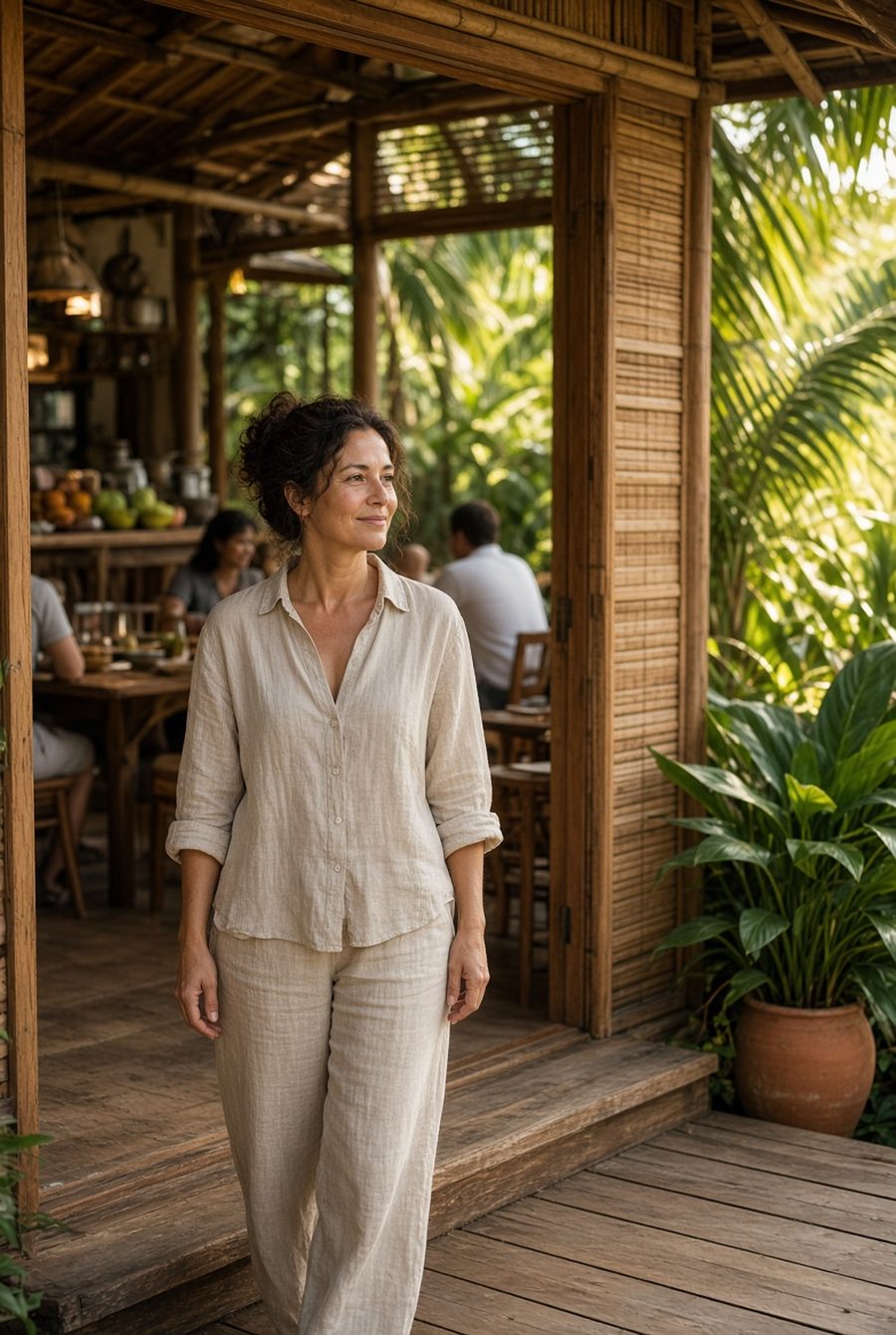 A founder standing relaxed at the doorway of her garden café, guests at the tables behind her