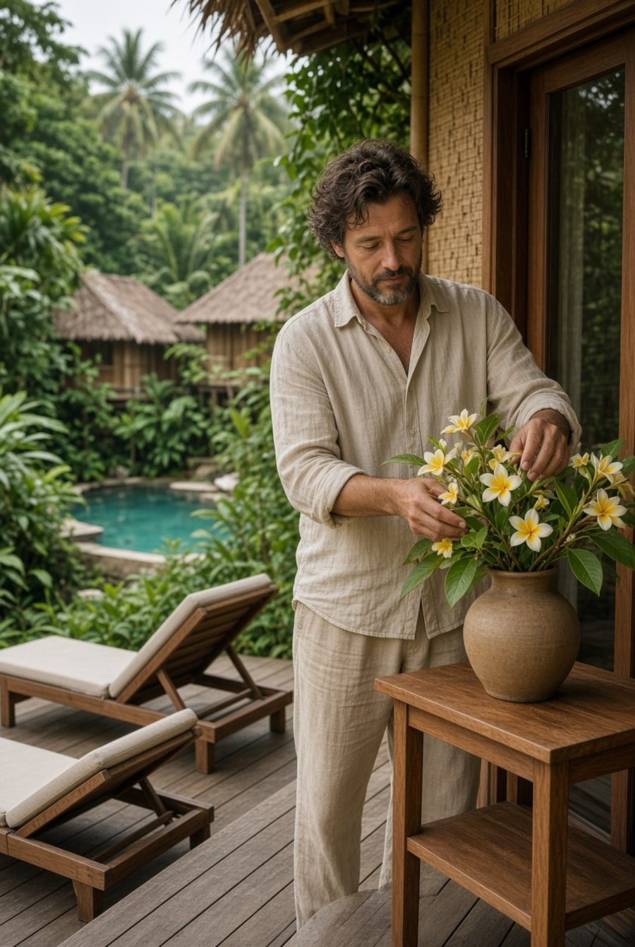 A resort owner arranging frangipani on the veranda of a guest bungalow, pool and palms behind