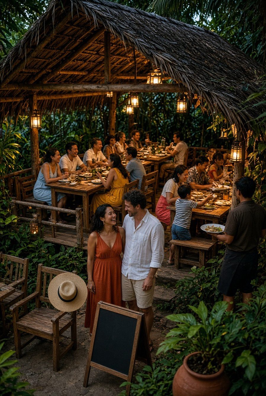 A thatched garden restaurant at dusk, every table full, guests laughing under lanterns, a couple waiting happily by the chalkboard at the entrance