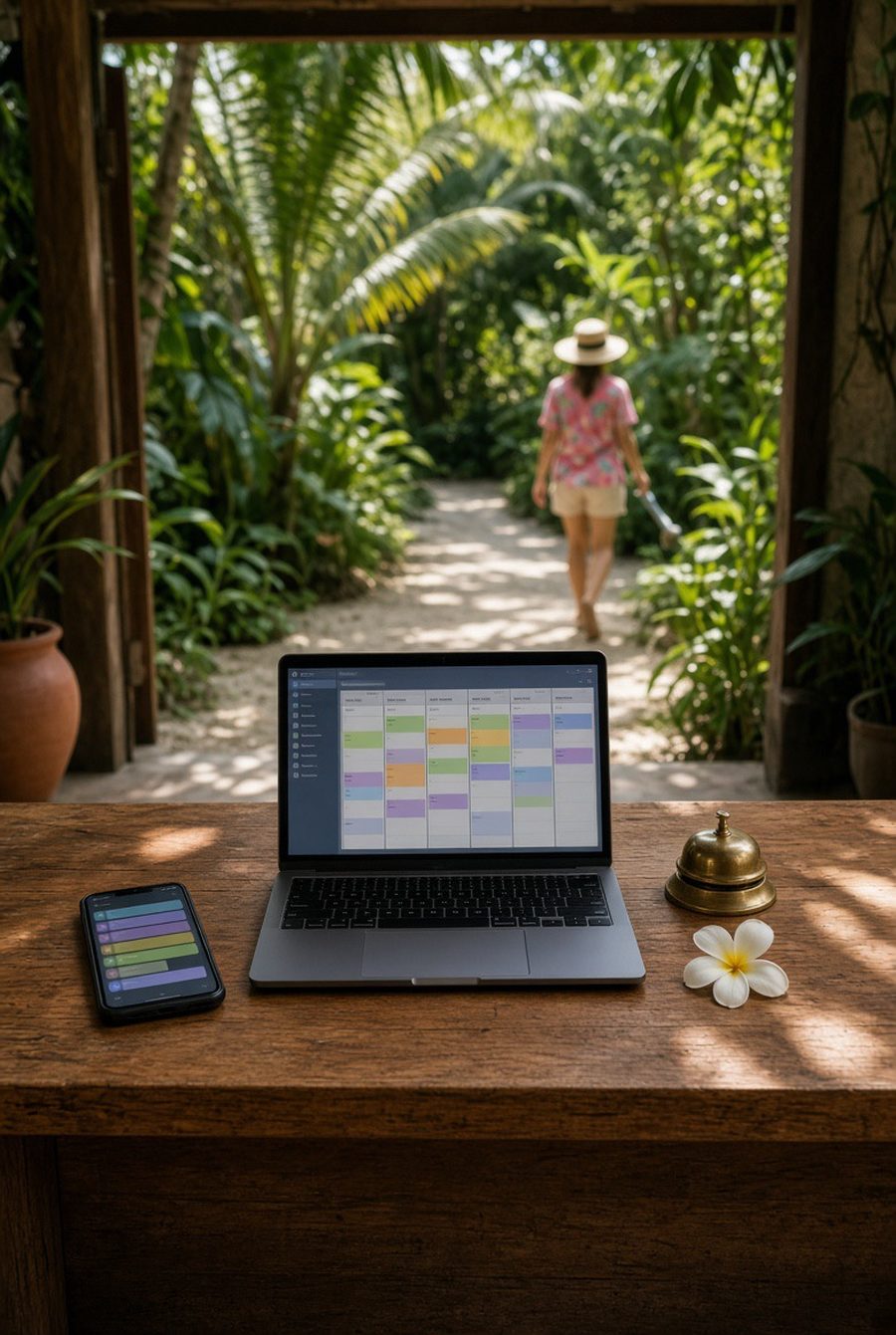 A laptop and phone on a teak reception desk showing a nearly full booking calendar, while the owner walks away down the garden path in a sun hat