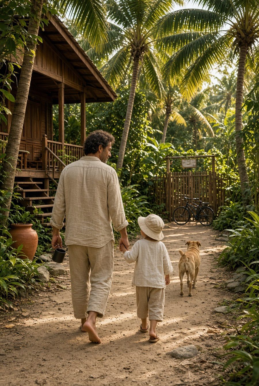 A father walking barefoot along a garden path with his child and dog, coffee in hand, toward a bamboo gate with bicycles: the business, not yet open
